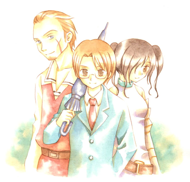 1girl, 2boys, bad_id, bad_pixiv_id, blue_eyes, brown_eyes, business_suit, closed_umbrella