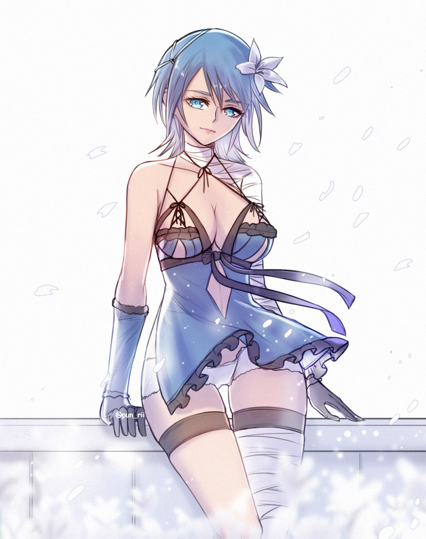 1girl, aqua_(kingdom_hearts), bandages, bandaged_arm, bandaged_leg, bandaged_neck, black_gloves, blue_eyes, breasts, cleavage, company_connection, cosplay, flower, gloves, hair_flower, hair_ornament, highres, kaine_(nier), kaine_(nier)_(cosplay), kingdom_hearts, kingdom_hearts_birth_by_sleep, large_breasts, lingerie, lunar_tear, negligee, nier, nier_(series), pun-rii, short_hair, single_thighhigh, solo, square_enix, thighhighs, underwear