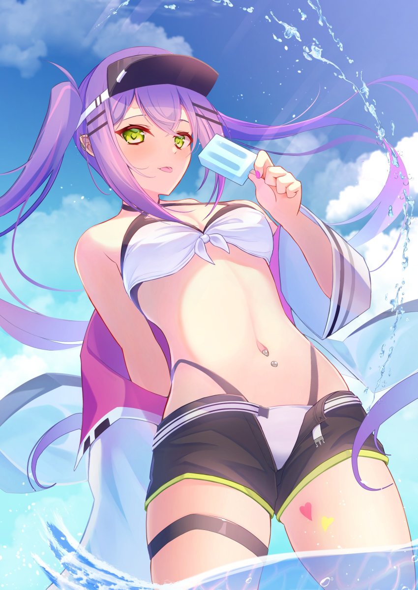 1girl, absurdres, anichika, bikini, ear_piercing, food, green_eyes, highres, hololive, jacket, midriff, navel, navel_piercing, open_clothes, open_shorts, piercing, popsicle, purple_hair, shorts, stomach, swimsuit, tokoyami_towa, tongue, tongue_out, virtual_youtuber, visor_cap, water, white_jacket