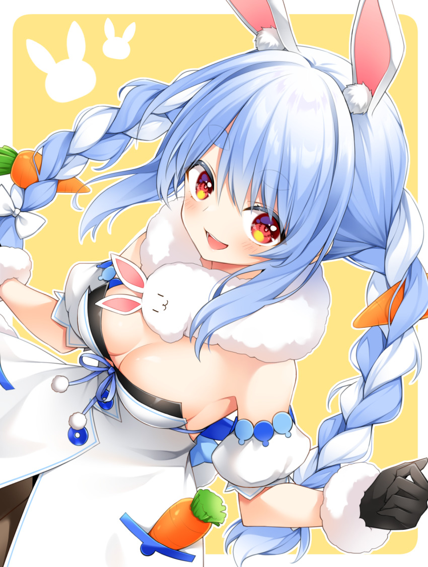 1girl, :d, animal_ear_fluff, animal_ears, bad_id, bad_pixiv_id, bare_shoulders, black_gloves, black_leotard, black_pantyhose, blue_hair, blush, braid, breasts, carrot_hair_ornament, cleavage, coat, coat_dress, detached_sleeves, don-chan_(usada_pekora), dress, dutch_angle, food-themed_hair_ornament, from_above, fur-trimmed_gloves, fur_scarf, fur_trim, gloves, hair_ornament, highres, hikimayu, hololive, leotard, leotard_under_clothes, long_hair, looking_at_viewer, medium_breasts, multicolored_hair, nekonoyuto, open_mouth, orange_eyes, pantyhose, puffy_short_sleeves, puffy_sleeves, rabbit-shaped_pupils, rabbit_ears, rabbit_girl, scarf, short_eyebrows, short_sleeves, smile, solo, strapless, strapless_coat, strapless_dress, strapless_leotard, swept_bangs, symbol-shaped_pupils, thick_eyebrows, twin_braids, twintails, two-tone_hair, usada_pekora, usada_pekora_(1st_costume), virtual_youtuber, w_arms, white_coat, white_hair, white_scarf, white_sleeves