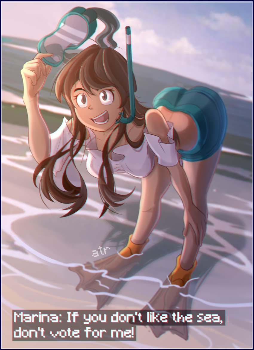 bent_over, brown_hair, flippers, goggles, highres, hypixel, hypixel_skyblock, marina_(skyblock), smile, swim_goggles, tagme, water