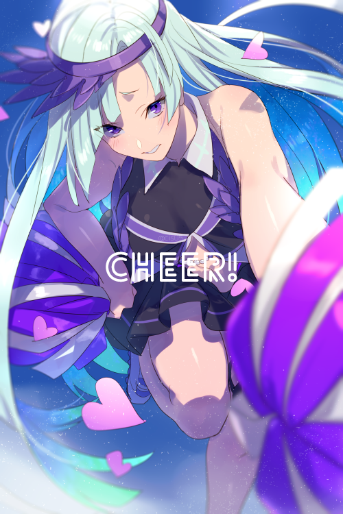 1girl, aqua_hair, bare_shoulders, black_shirt, black_skirt, blush, breasts, brynhild_(cheer_for_master)_(fate)