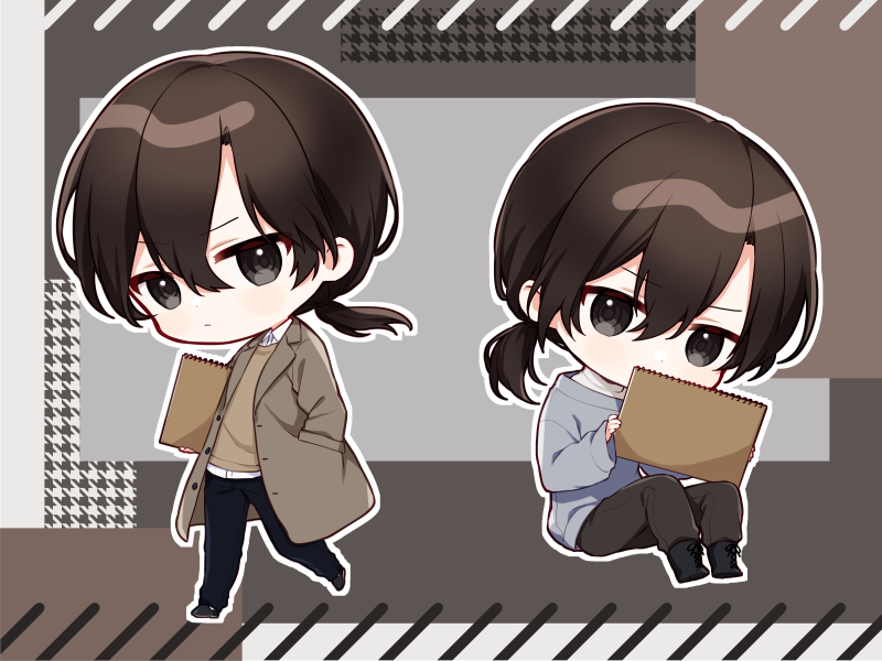 black_footwear, black_pants, blush, boots, brown_hair, brown_jacket, brown_shirt, chibi