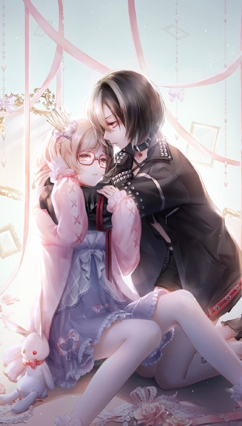 2girls, black_hair, black_jacket, black_top, blonde_hair, blue_background, bob_cut, boots, bow, brown_eyes, cardigan, collar, comforting, crop_top, crown, crown_hair_ornament, dress, fashion, fishnets, floating, floating_object, flower, frown, gem, glasses, hands_on_another's_arms, heart, highres, holding_another's_arm, hug, jacket, jax_(shining_nikki), kuriyama_mirai, kyoukai_no_kanata, lace_trim, purple_dress, multicolored_hair, multiple_girls, nikki_(series), official_art, pearl_(gemstone), picture_frame, pink_cardigan, pink_ribbon, punk, red_eyes, ribbon, rose, shining_nikki, short_hair, shorts, sitting, sky, streaked_hair, string, studded_jacket, stuffed_animal, stuffed_rabbit, stuffed_toy, white_hair, yuka_(shining_nikki), yuri