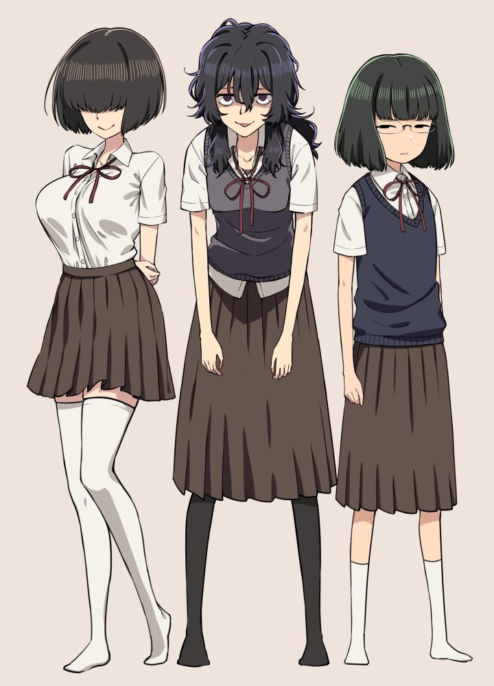 3girls, :3, arms_behind_back, black_eyes, black_hair, black_legwear, blouse, blue_vest, blunt_bangs, bob_cut, breasts, brown_skirt, collarbone, collared_shirt, commentary, flat_chest, full_body, glasses, grey_background, hair_between_eyes, hair_over_eyes, hikage_monogatari, honda_neneko, hunched_over, large_breasts, light_frown, long_hair, looking_at_viewer, messy_hair, miura_chinami, mob_face, mojyo, multiple_girls, neck_ribbon, nerdy_girl's_story, no_shoes, original, pantyhose, parted_lips, pleated_skirt, purple_eyes, ribbon, shirt, short_hair, short_sleeves, simple_background, skirt, small_breasts, smile, tented_shirt, thighhighs, urin, vest, white_legwear, white_shirt, zettai_ryouiki