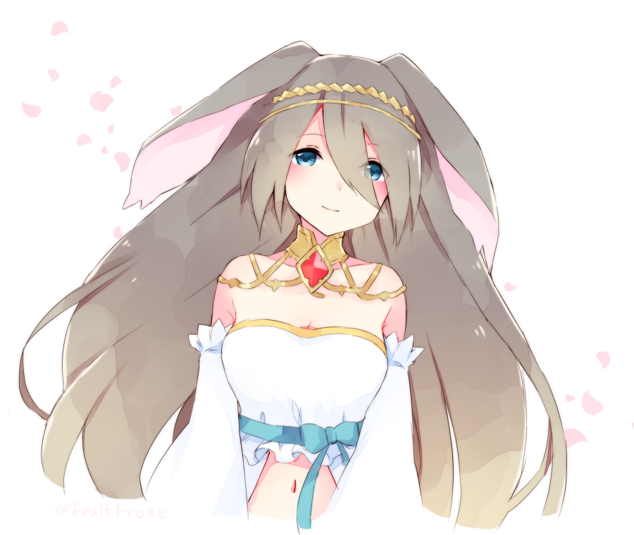 1girl, animal_ears, aqua_eyes, breasts, brown_hair, closed_mouth, dragalia_lost, felicia_(dragalia_lost), fruitfroze, hair_between_eyes, jewelry, long_hair, looking_at_viewer, navel, rabbit_ears, solo, upper_body