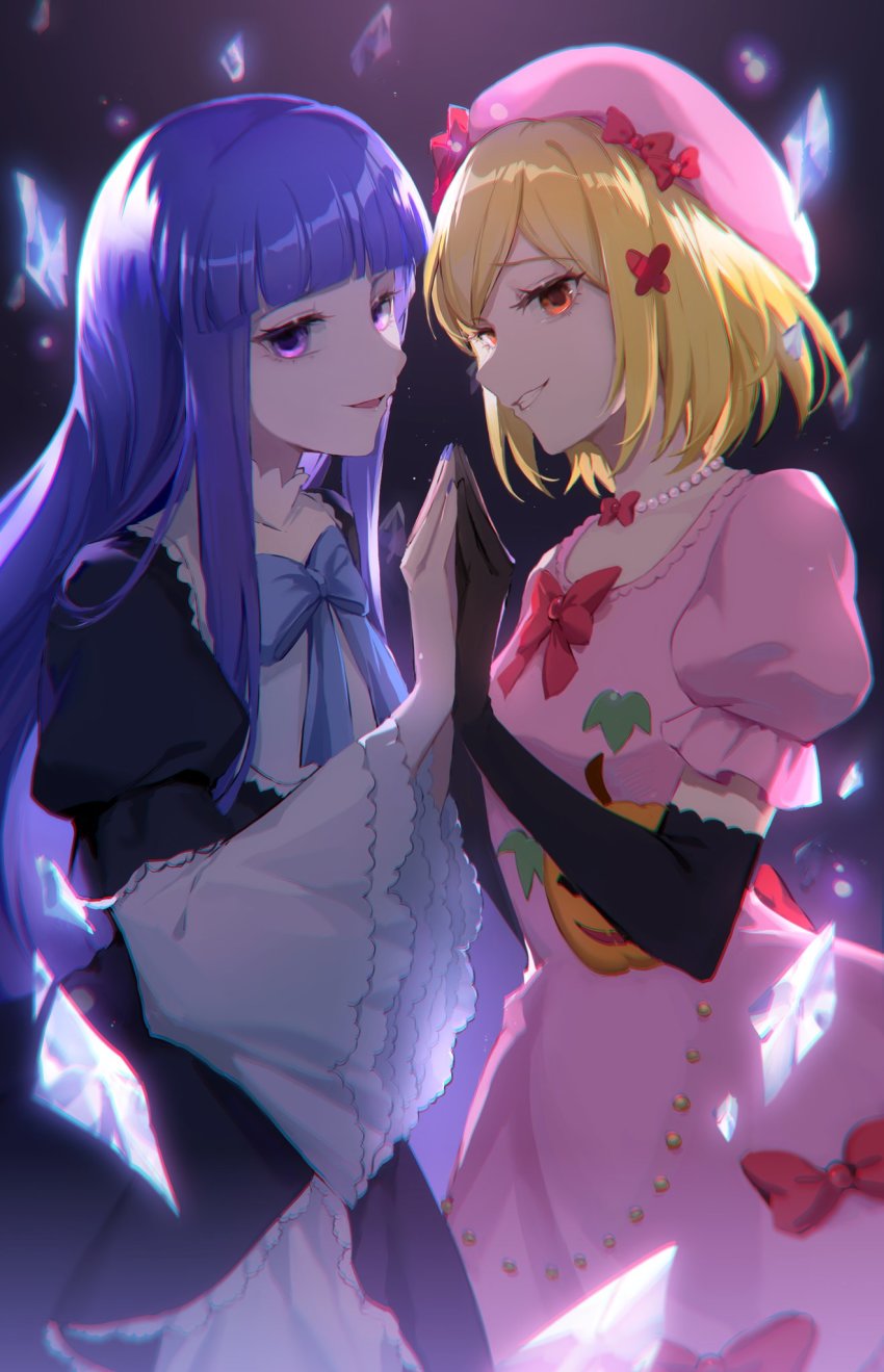 2girls, akiya_0627, black_dress, blonde_hair, blunt_bangs, bow, dress, frederica_bernkastel, gloves, glowing, glowing_eyes, highres, hime_cut, jewelry, juliet_sleeves, kakera, lambdadelta, lolita_fashion, long_hair, long_sleeves, multiple_girls, necklace, pearl_necklace, pink_dress, pink_headwear, puffy_short_sleeves, puffy_sleeves, purple_eyes, purple_hair, red_eyes, short_hair, short_sleeves, sweet_lolita, umineko_no_naku_koro_ni