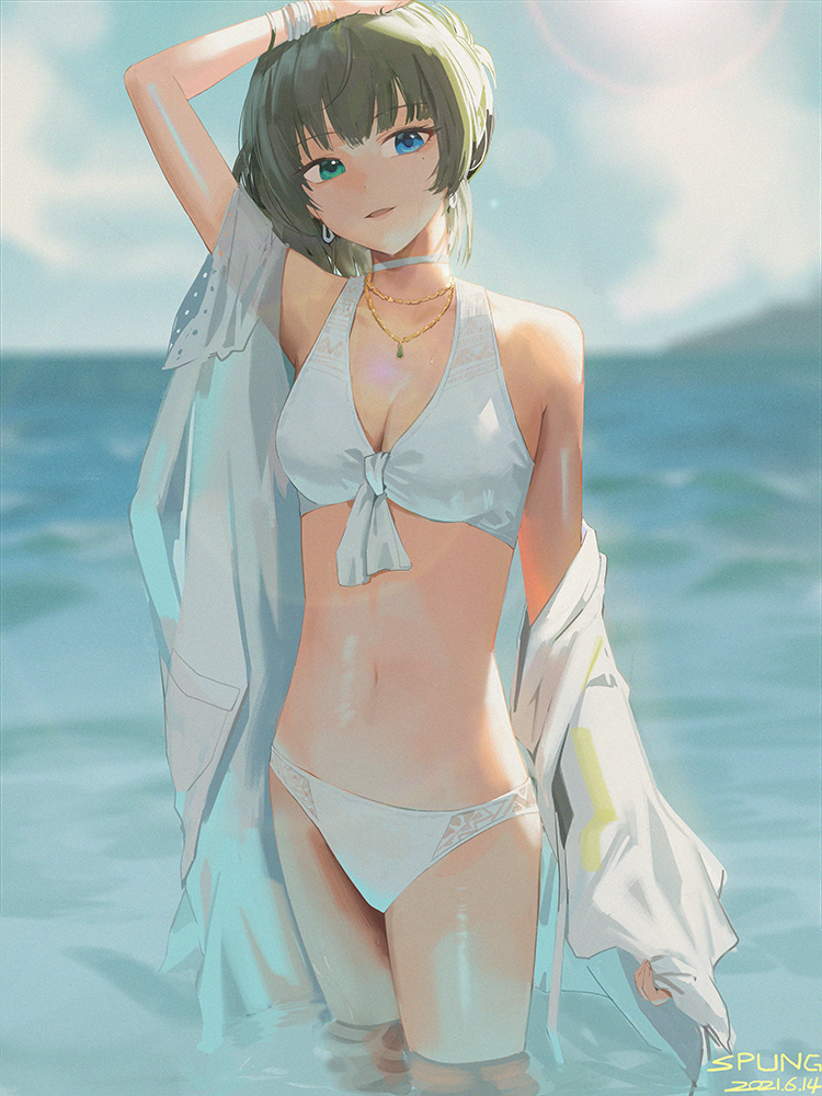 1girl, arm_up, bad_id, bad_pixiv_id, bikini, blue_eyes, bracelet, breasts