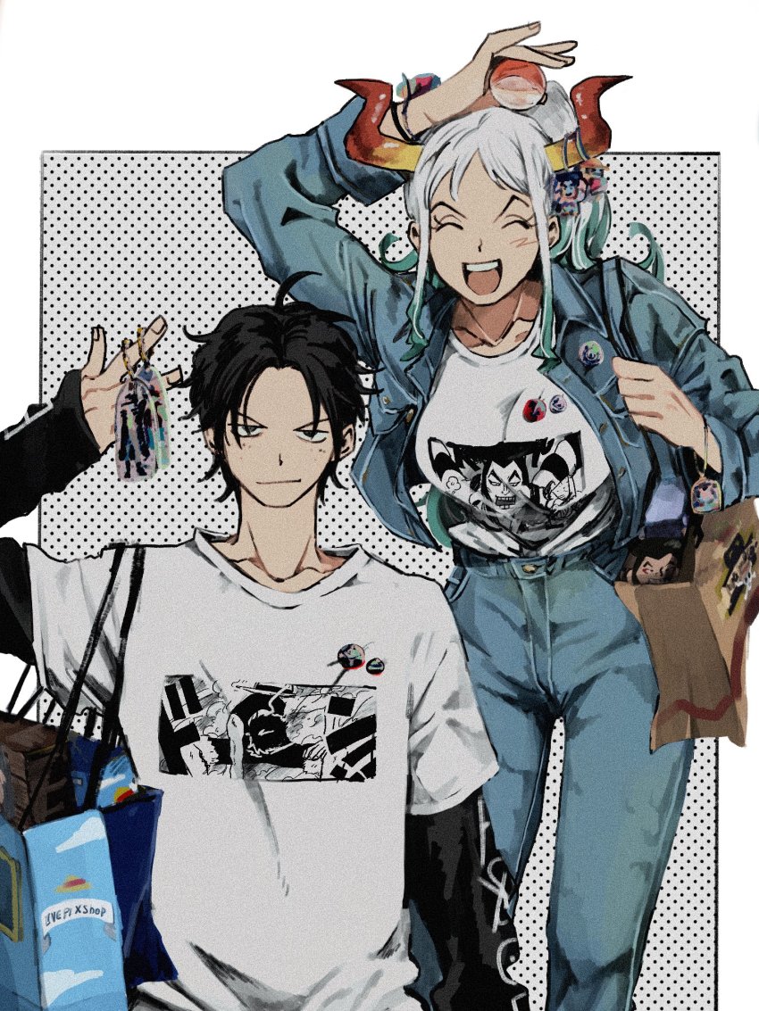 >:), 1boy, 1girl, ^_^, ahoge, alternate_costume, arm_at_side, arm_up