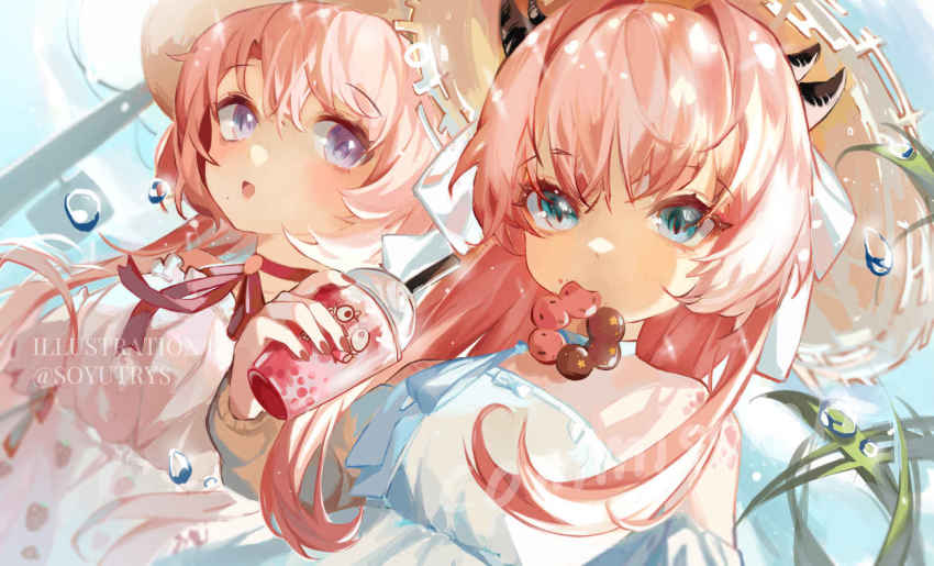 2girls, atelier_live, blue_eyes, commission, donut, dragon_girl, dragon_horns, dress