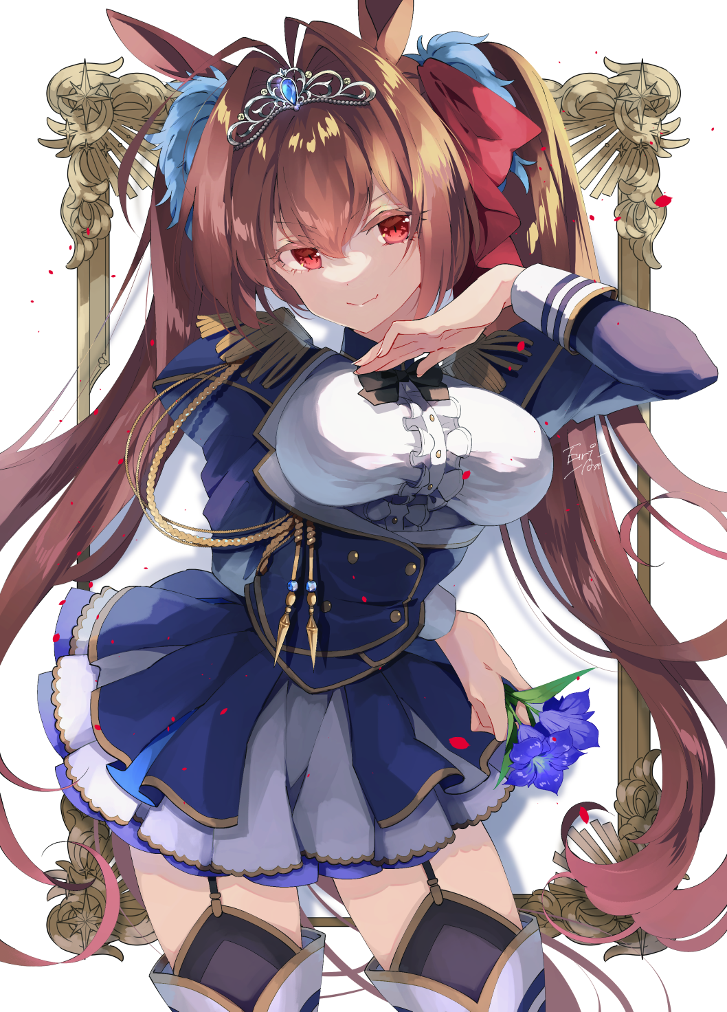 1girl, animal_ears, blue_skirt, breasts, brown_hair, closed_mouth, cowboy_shot, crossed_bangs, daiwa_scarlet_(umamusume), ebony_nightmare, epaulettes, flower, garter_straps, hair_intakes, hand_up, highres, holding, holding_flower, horse_ears, horse_girl, large_breasts, long_hair, long_sleeves, looking_at_viewer, skirt, smile, solo, thighhighs, tiara, twintails, umamusume, white_background