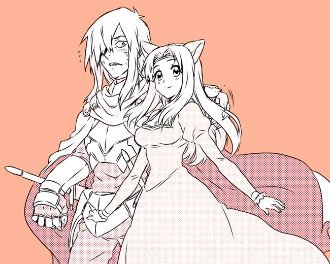 00s, 1boy, 1girl, animal_ears, armor, blush, cape, cat_ears