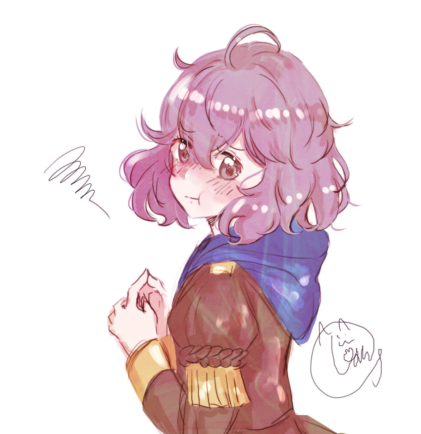 1girl, :t, ahoge, artist_name, bernadetta_von_varley, blush, closed_mouth, commentary, epaulettes, fingers_together, fire_emblem, fire_emblem:_three_houses, garreg_mach_monastery_uniform, grey_eyes, highres, hood, hood_down, johndog_111d2, long_sleeves, messy_hair, nervous, nintendo, pout, purple_hair, short_hair, simple_background, solo, spoken_squiggle, squiggle, untranslatable_commentary, white_background