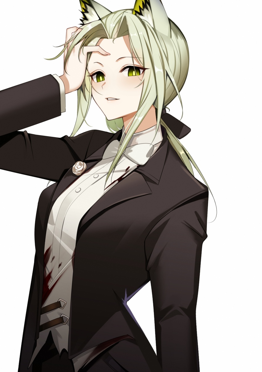 1girl, absurdres, alcohol, animal_ears, arknights, ateoyh, black_bow, black_suit, blood, blood_on_clothes, bow, bowtie, breasts, chinese_commentary, commentary_request, female_focus, formal_clothes, green_eyes, grin, hair_bow, hand_on_own_face, highres, kal'tsit_(arknights), kal'tsit_(formal)_(arknights), light_green_hair, long_sleeves, looking_at_viewer, medium_hair, open_clothes, parted_lips, partial_commentary, ponytail, ribbon, shirt, simple_background, small_breasts, smile, solo, suit, traditional_bowtie, upper_body, white_background, white_bow, white_bowtie, white_ribbon, white_shirt