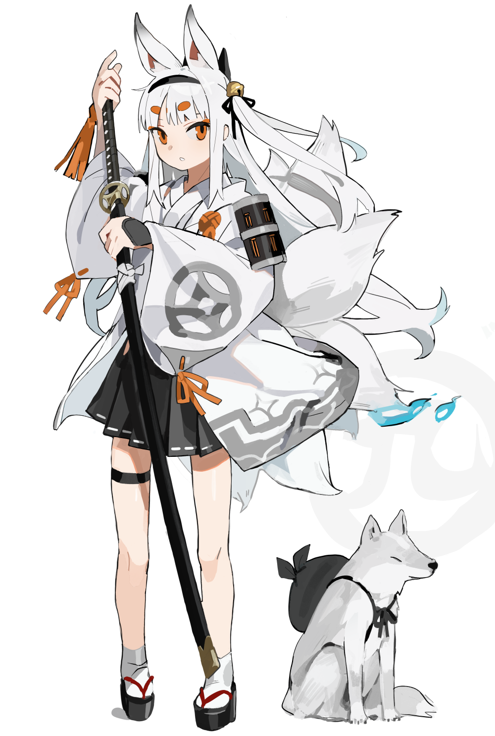 1girl, animal_ears, armor, bag, bell, black_bag, black_footwear, black_hairband