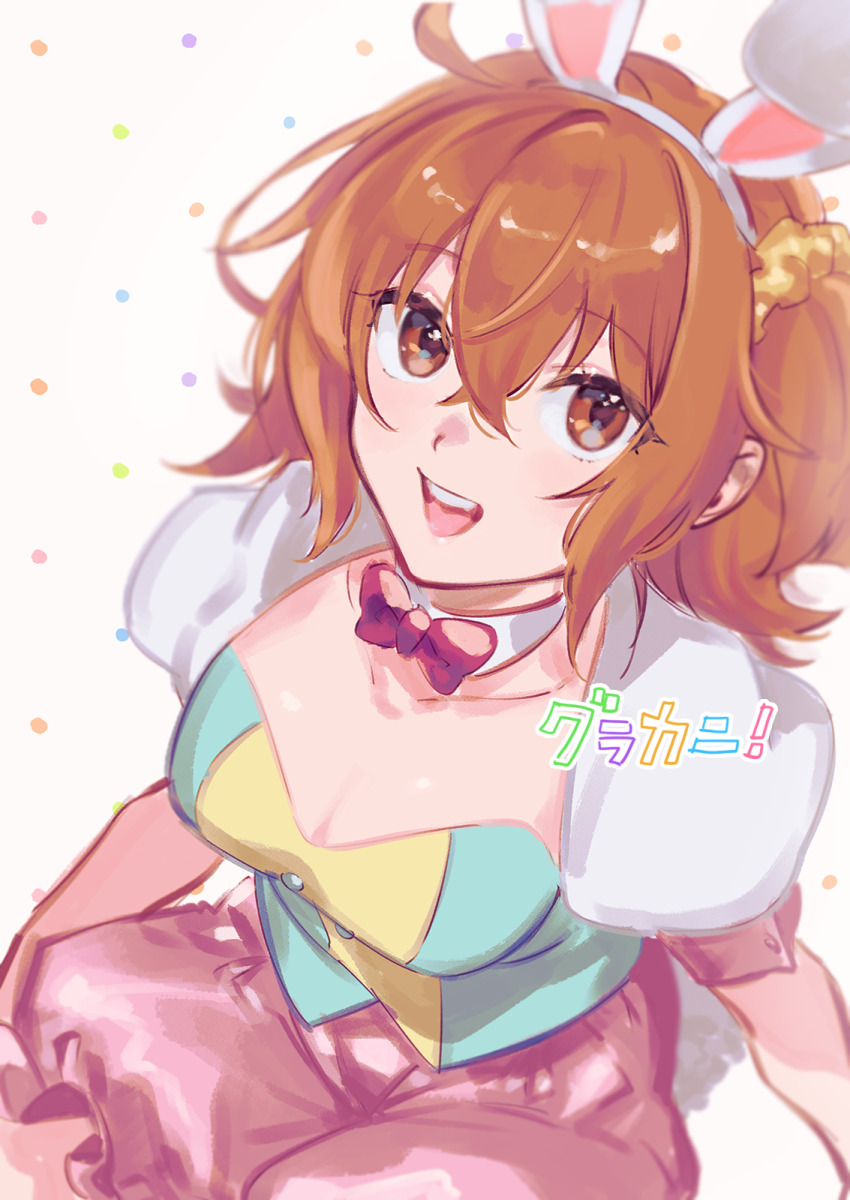 1girl, animal_ears, bow, breasts, brown_eyes, cleavage, commentary_request, crossed_bangs