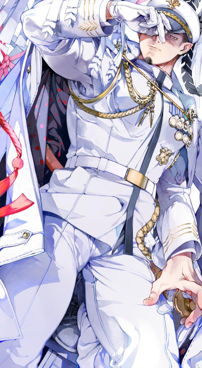 1boy, bara, black_hair, bulge, facial_hair, feet_out_of_frame, fiery_horns, forked_eyebrows