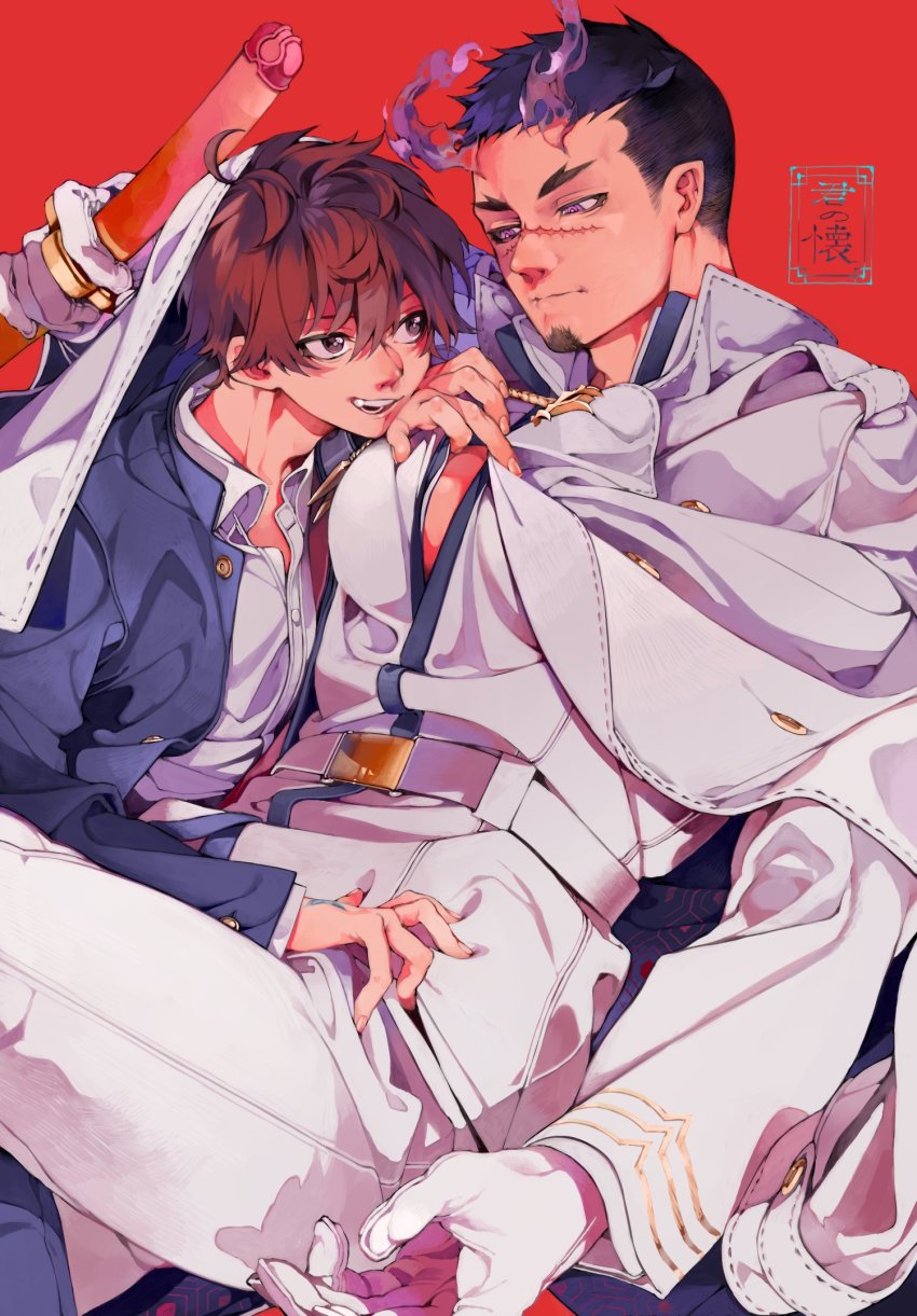 2boys, black_hair, facial_hair, fiery_horns, forked_eyebrows, goatee, highres, horns, kazanniro, large_pectorals, male_focus, mature_male, military, military_uniform, multiple_boys, muscular, muscular_male, pectoral_cleavage, pectorals, protagonist_4_(housamo), puffy_male_chest, scar, scar_on_face, scar_on_nose, short_hair, sideburns, sidepec, tokyo_houkago_summoners, undercut, undressing_another, yaoi, yoritomo_(housamo)