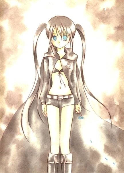 10s, 1girl, bad_id, bad_pixiv_id, belt, bikini, bikini_top_only, black_hair, black_rock_shooter, black_rock_shooter_(character), blue_eyes, female_focus, flower, front-tie_top, jacket, long_hair, midriff, nano_(pixiv366342), shorts, solo, star_(symbol), swimsuit, twintails