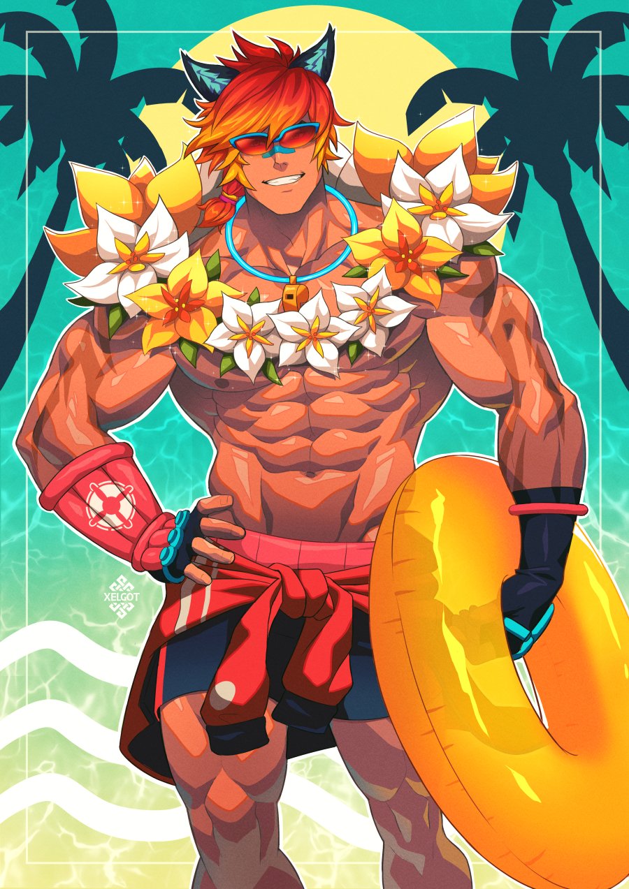 1boy, abs, animal_request, bara, black_male_swimwear, blonde_hair, blue-framed_eyewear, clothes_around_waist, dark-skinned_male, dark_skin, feet_out_of_frame, flower, gradient_hair, highres, innertube, league_of_legends, male_focus, male_swimwear, multicolored_hair, muscular, muscular_male, navel, nipples, official_alternate_costume, orange_hair, paid_reward_available, pectorals, pool_party_sett, sett_(league_of_legends), shirt, shirt_around_waist, short_hair, solo, standing, stomach, sunglasses, swim_ring, swim_trunks, tan, topless_male, xelgot
