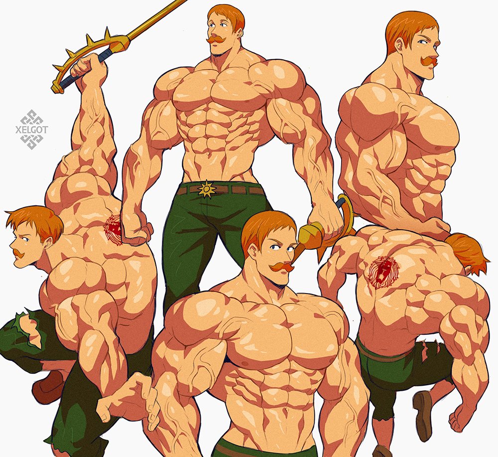 1boy, abs, back_tattoo, bara, belt, brown_belt, collage, escanor, facial_hair, green_pants, holding, holding_weapon, large_pectorals, male_focus, multiple_views, muscular, muscular_male, mustache, nanatsu_no_taizai, narrow_waist, navel, nipples, orange_hair, pants, pectorals, topless_male, short_hair, stomach, tattoo, veins, weapon, white_background, xelgot