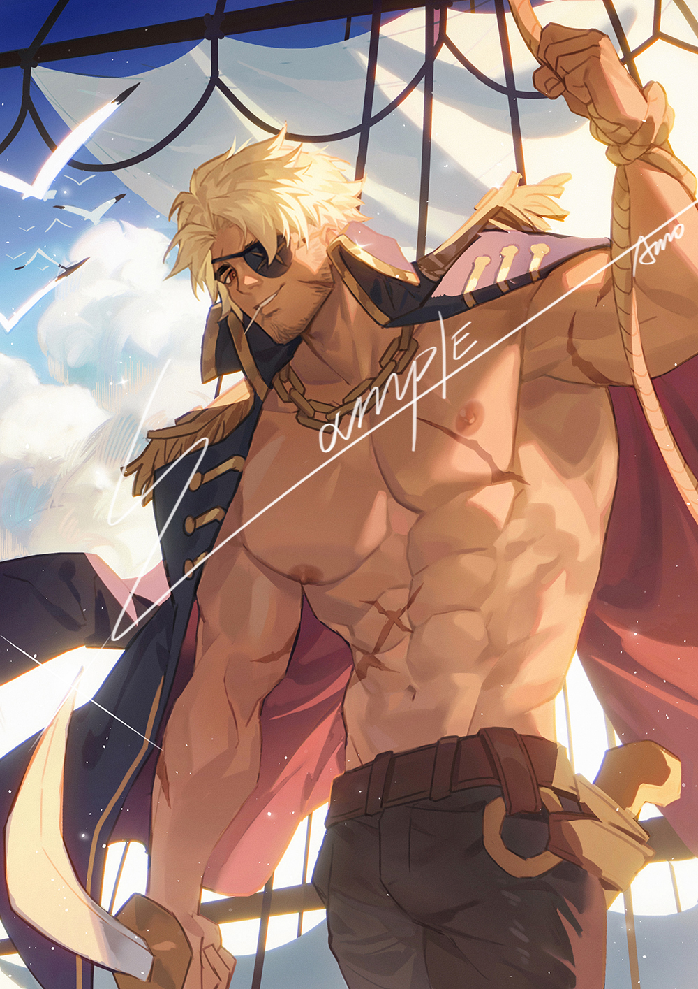 1boy, abs, amo_(amo9612), bara, bara_pirate, bare_pectorals, beard, bird, black_pants, blonde_hair, bulge, check_copyright, cigarette, commission, copyright_request, dark-skinned_male, dark_skin, facial_hair, facial_scar, fictional_persona, gun, highres, holding, holding_sword, holding_weapon, jacket, jacket_on_shoulders, large_pectorals, male_focus, mature_male, muscular, muscular_male, navel, nipples, open_clothes, open_jacket, original, pants, pectorals, pirate_costume, rope, scar, scar_on_arm, scar_on_cheek, scar_on_chest, scar_on_face, scar_on_stomach, short_hair, sideburns, smoking, solo, stomach, stubble, sunlight, sword, weapon