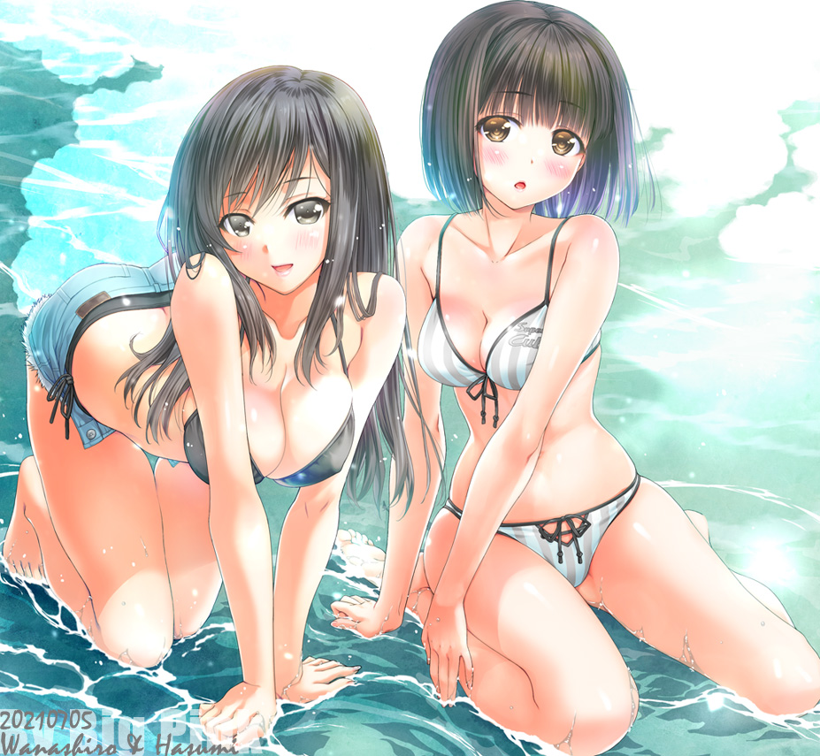 2girls, all_fours, bikini, black_hair, blush, breasts, denim, denim_shorts