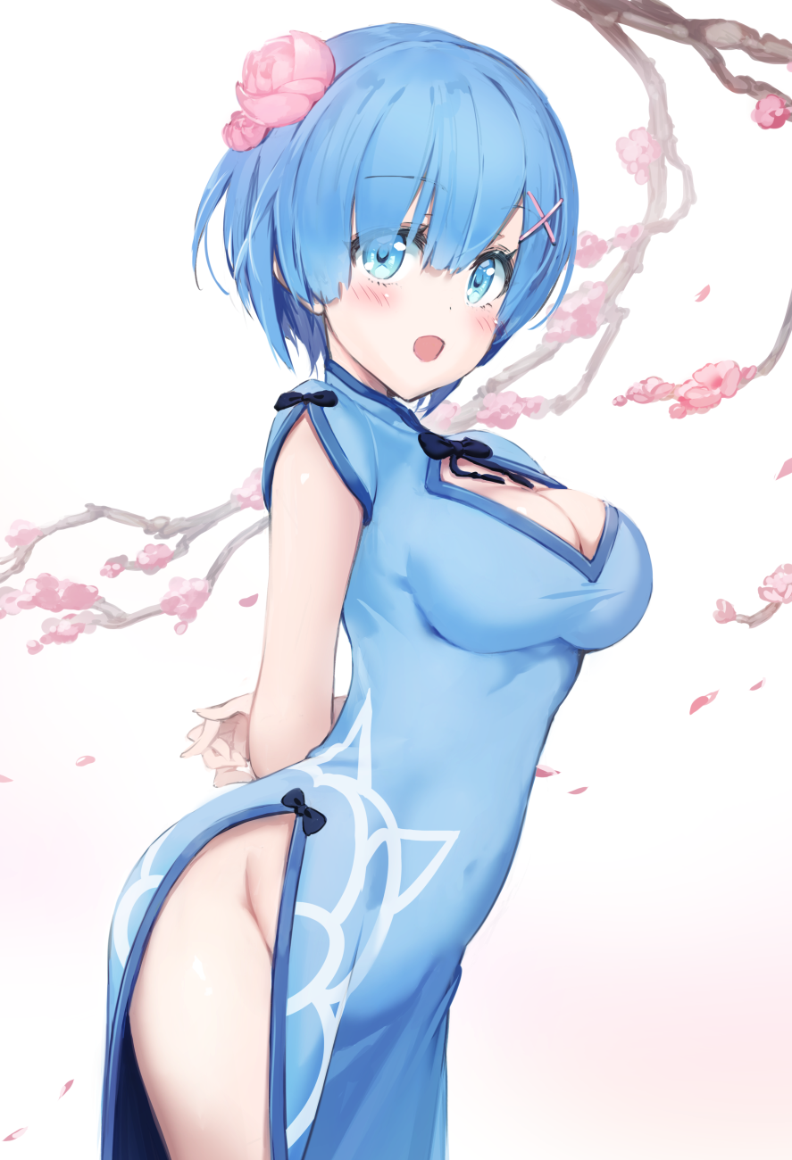 arms_behind_back, blue_bow, blue_dress, blue_eyes, blue_hair, blush, bow, breasts, china_dress, chinese_clothes, cleavage, cleavage_cutout, clothing_cutout, commentary_request, dress, flower, hair_flower, hair_ornament, hairclip, highres, large_breasts, micopp, no_panties, open_mouth, plum_blossoms, re:zero_kara_hajimeru_isekai_seikatsu, rem_(re:zero), side_slit, solo, thighs