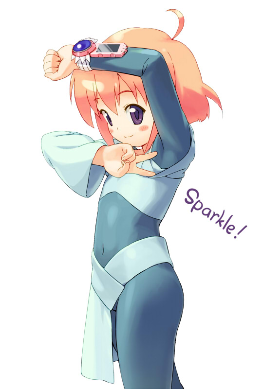 1girl, bodysuit, closed_mouth, covered_navel, flat_chest, looking_at_viewer, medium_hair, om_(nk2007), orange_hair, purple_eyes, simple_background, smile, solo, sparkle-hime, spider_riders, v, white_background