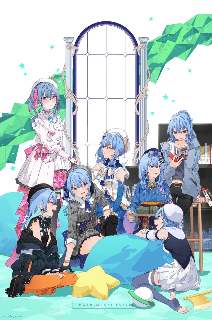 6+girls, :d, ^_^, axe, bare_shoulders, belt, black_belt, black_gloves