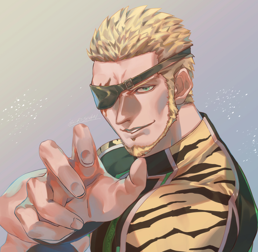 1boy, absurdres, animal_print, blonde_hair, claw_pose, cry_sinkai, eyepatch, facial_hair