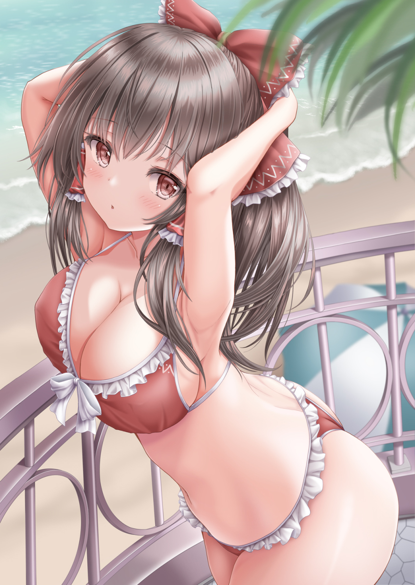 1girl, :o, akino_irori, arms_behind_head, arms_up, ass, beach, bikini