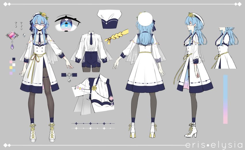 1girl, atelier_live, blue_eyes, blue_hair, blue_neckwear, blue_shorts, character_name, reference_sheet, collared_shirt, commentary, english_commentary, eris_elysia, eris_elysia_(artist), gradient_eyes, hair_behind_ear, high_heels, highres, long_hair, multicolored_eyes, multiple_views, necktie, pantyhose, pink_eyes, shirt, short_necktie, shorts, skirt, smile, thigh_strap, virtual_youtuber, white_footwear, white_shirt, white_skirt