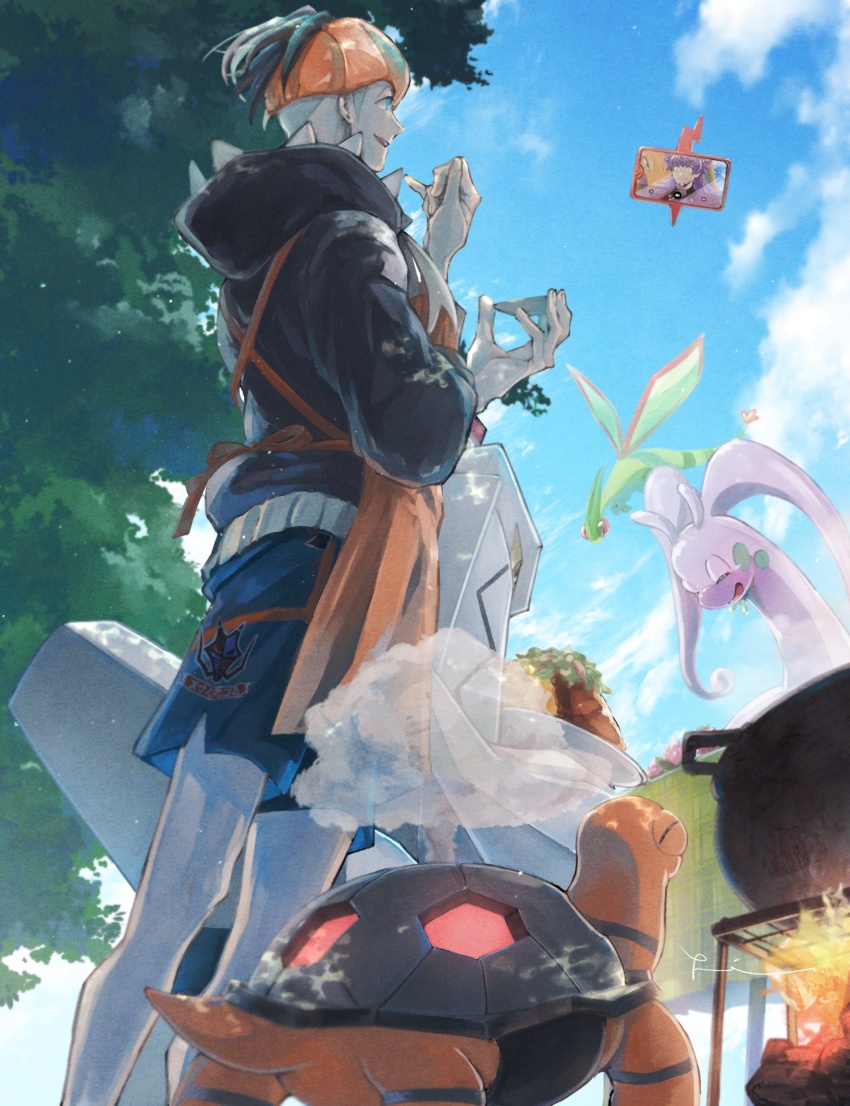 1boy, aqua_eyes, black_hair, black_hoodie, blue_shorts, campfire, cloud, commentary_request