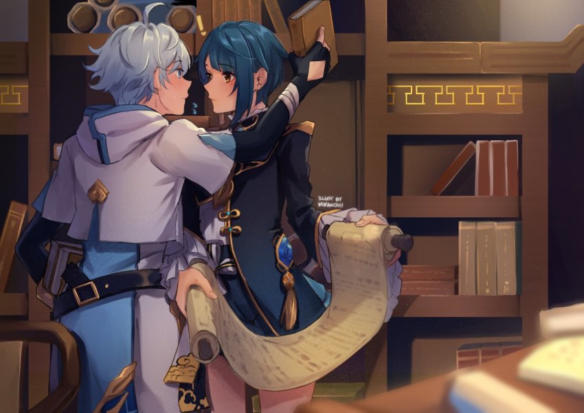 !, 2boys, ahoge, asymmetrical_bangs, black_gloves, blue_eyes, blue_hair, blue_shorts, blurry, blurry_foreground, blush, book, bookshelf, chinese_clothes, chongyun_(genshin_impact), commentary, earrings, english_commentary, fingerless_gloves, frilled_shirt_collar, frilled_sleeves, frills, genshin_impact, gloves, holding, holding_book, holding_scroll, hood, jacket, jewelry, long_coat, long_sleeves, looking_at_another, male_focus, mikanchii, multiple_boys, original, ribbon, scroll, shirt, short_hair, shorts, sidelocks, single_earring, sweatdrop, untranslatable_commentary, tassel, tassel_earrings, vision_(genshin_impact), wide_sleeves, xingqiu_(genshin_impact), yellow_eyes