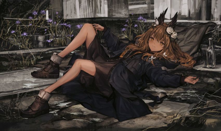 1girl, black_coat, black_dress, boots, bottle, brown_eyes, brown_hair, butterfly_hair_ornament
