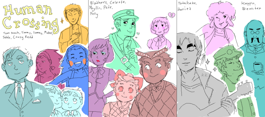 00s, 6+boys, 6+girls, :d, blathers_(animal_crossing), blush_stickers, brewster_(animal_crossing), brothers, celeste_(animal_crossing), character_name, animal_crossing, eyeshadow, facial_hair, formal_clothes, freckles, hannah_ayoubi, harriet_(animal_crossing), k.k._slider_(animal_crossing), kapp'n_(animal_crossing), lipstick, long_image, mabel_able_(animal_crossing), makeup, multiple_boys, multiple_girls, mustache, necktie, nintendo, open_mouth, pelly_(animal_crossing), personification, pete_(animal_crossing), phyllis_(animal_crossing), redd_(animal_crossing), sable_able_(animal_crossing), siblings, smile, suit, timmy_(animal_crossing), tom_nook_(animal_crossing), tommy_(animal_crossing), wide_image