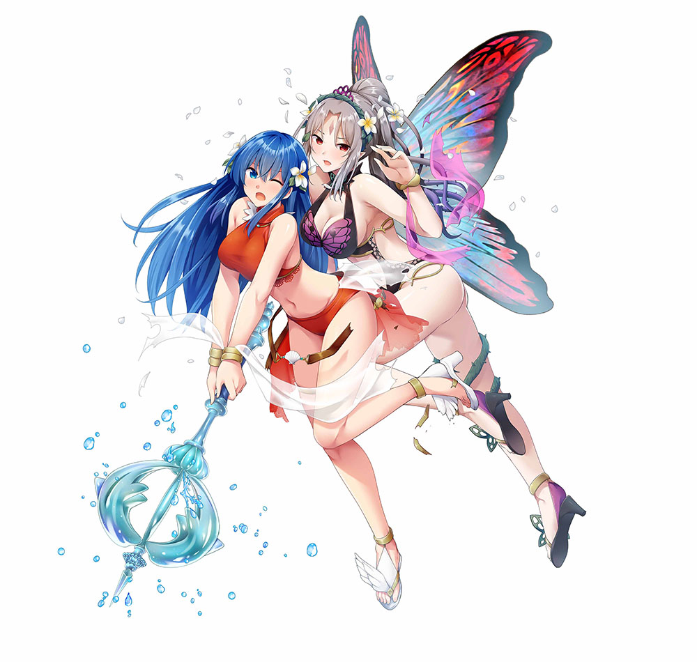 2girls, ass, bare_shoulders, bikini, blue_eyes, blue_hair, breasts, caeda_(fire_emblem)