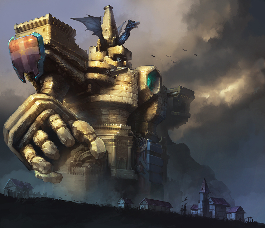bird, castle, cloud, commentary, dragon, dragon_castle, gears, mecha