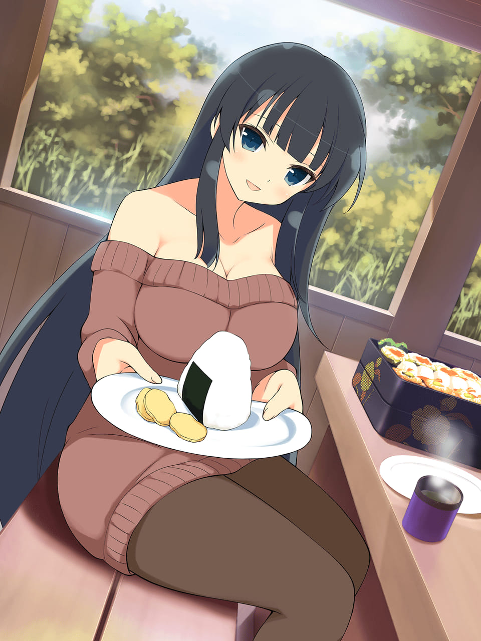 1girl, bare_shoulders, bento, bento_box, black_hair, blue_eyes, blunt_bangs, breasts, brown_pantyhose, cleavage, collarbone, day, dress, drink, dutch_angle, food, highres, holding, holding_plate, ikaruga_(senran_kagura), large_breasts, legs, long_hair, long_sleeves, looking_at_viewer, off-shoulder_dress, off-shoulder_sweater, off_shoulder, onigiri, open_mouth, pantyhose, plate, senran_kagura, sitting, smile, solo, sweater, sweater_dress, tea, thighs, tree, very_long_hair