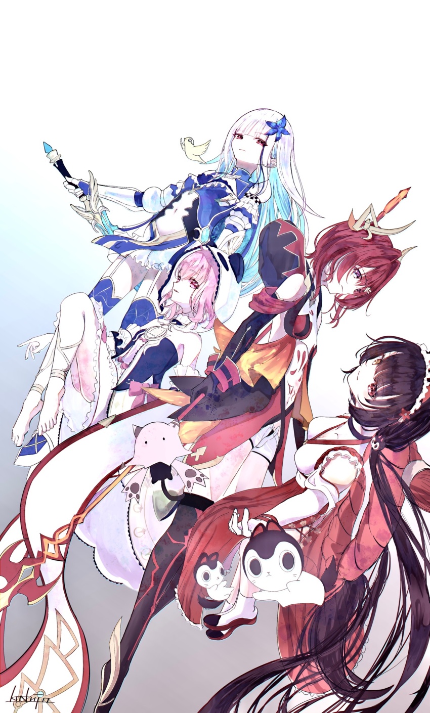 4girls, ange_katrina, ange_katrina_(valkyrie_hero), animal_hood, barefoot, black_jacket, blue_eyes, blue_hair