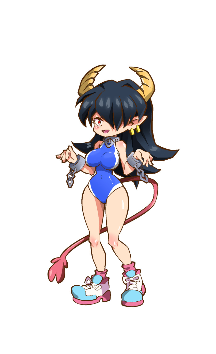 bare_shoulders, black_hair, black_one-piece_swimsuit, blush, breasts, curled_horns, demon_girl, demon_tail