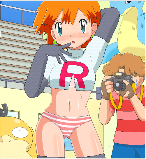blue_eyes, cosplay, earrings, gen_1_pokemon, hairband, jewelry, lapras, misty_(pokemon), nintendo, orange_hair, panties, pokemoa, pokemon, psyduck, striped_clothes, striped_panties, team_rocket, toru_(pokemon), underwear