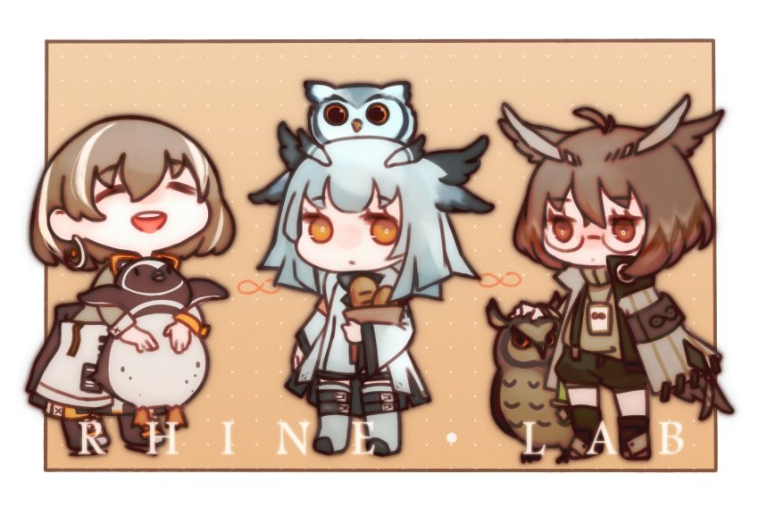 3girls, ahoge, animal, animalization, arknights, bag, bird, black_legwear