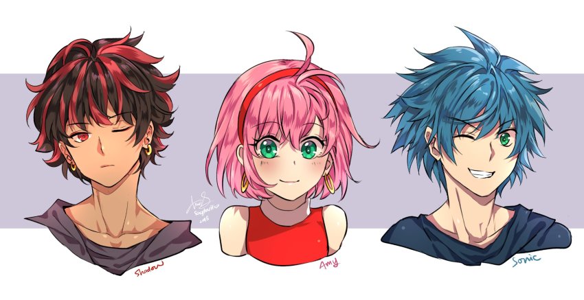 1girl, 2boys, amy_rose, black_hair, blue_hair, character_name, earrings, green_eyes