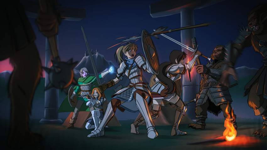 absurdres, angela_(doodlepoodle), armor, armored_boots, battle, blonde_hair, blue_eyes, boots, bow_(weapon), bugbear, crossbow, doodlepoodle, elf, fantasy, female_knight, gambeson, high_ponytail, highres, mace, monster, original, pointy_ears, polearm, ponytail, red_hair, shield, silver_hair, spear, sword, tagme, thigh_boots, thighhighs, torch, tunic, weapon