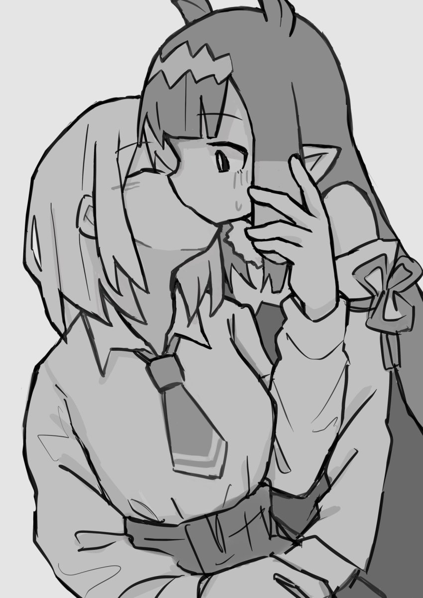 2girls, closed_eyes, couple, detached_sleeves, dress_shirt, female_focus, flower_knot, fur_collar, grey_background, hair_flaps, hair_ornament, hand_grab, hand_on_another's_hair, highres, hime_cut, hololive, hololive_english, kiss, long_hair, monochrome, multicolored_hair, multiple_girls, nakamelos, necktie, ninomae_ina'nis, ninomae_ina'nis_(1st_costume), pointy_ears, shirt, short_hair, simple_background, skirt, surprise_kiss, surprised, sweatdrop, two-tone_hair, virtual_youtuber, watson_amelia, watson_amelia_(1st_costume), yuri