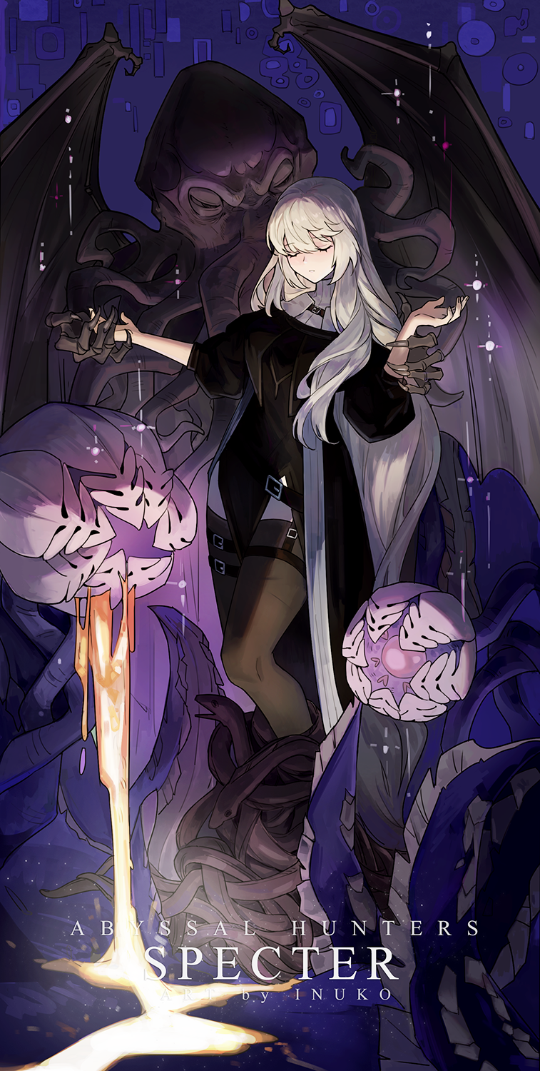 1girl, arknights, artist_name, black_cape, black_dress, black_thighhighs, cape, character_name