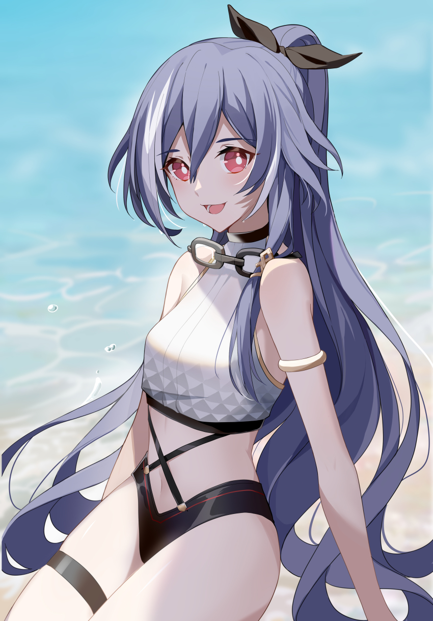 1girl, absurdres, bare_shoulders, beach, bikini, blue_hat, breasts, glasses, grey_hair, hair_between_eyes, hair_ribbon, hat, herrscher_of_sentience, herrscher_of_sentience_(ooh!_summer!), high_ponytail, highres, honkai_(series), honkai_impact_3rd, monabianou, navel, open_mouth, ponytail, red_eyes, ribbon, small_breasts, smile, solo, stomach, swimsuit, thighs