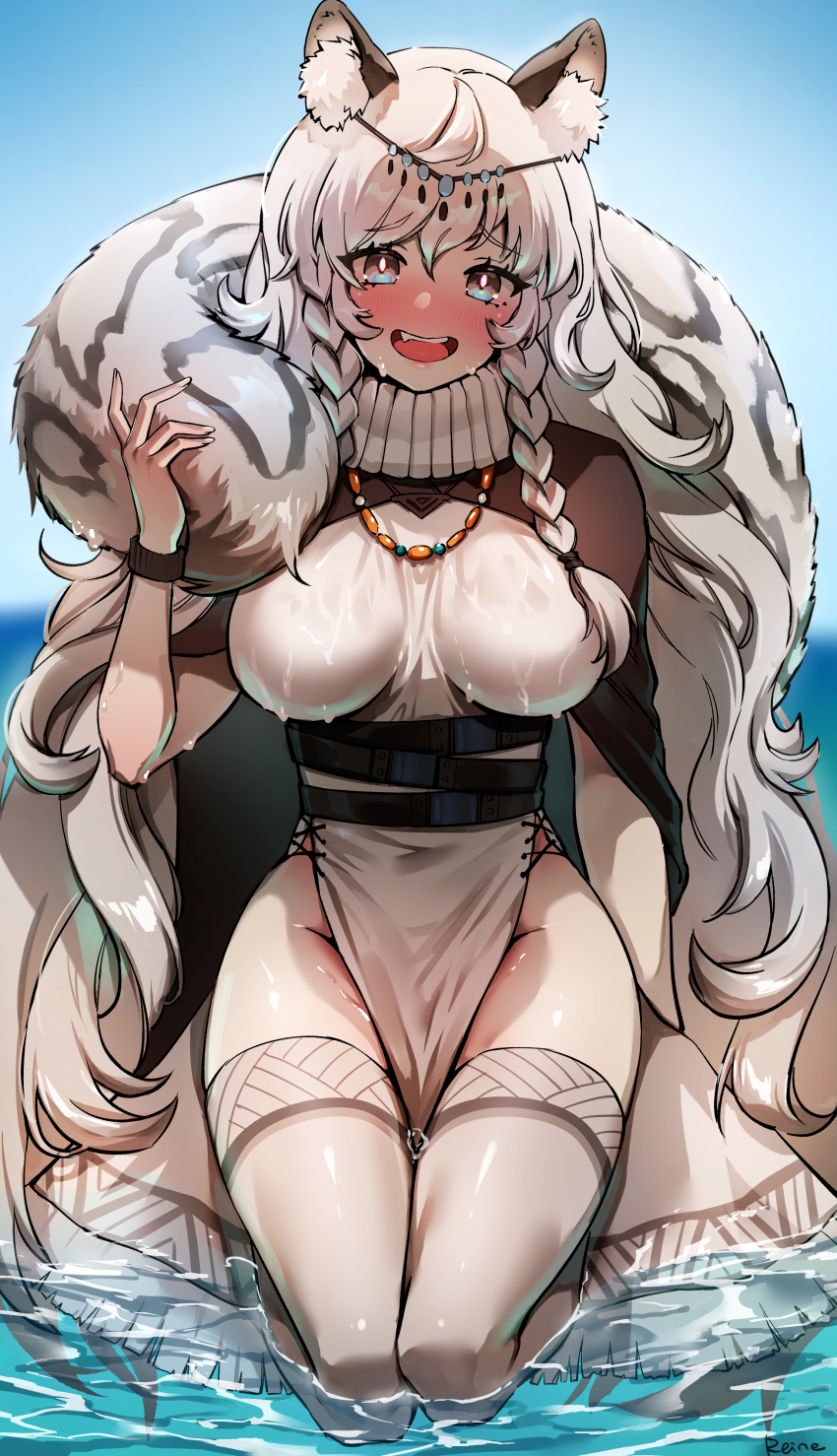 1girl, :d, absurdres, animal_ear_fluff, animal_ears, arknights, artist_name, belt, blue_eyes, blush, braid, breasts, capelet, commentary, dress, embarrassed, fang, foxyreine, grey_eyes, grey_thighhighs, highres, jewelry, large_breasts, large_tail, long_hair, looking_at_viewer, multiple_belts, narrow_waist, necklace, no_panties, nose_blush, open_mouth, pelvic_curtain, pramanix_(arknights), seiza, silver_hair, sitting, smile, snow_leopard_ears, snow_leopard_tail, solo, tail, tail_around_neck, thighhighs, twin_braids, very_long_hair, water, wet, wide_hips